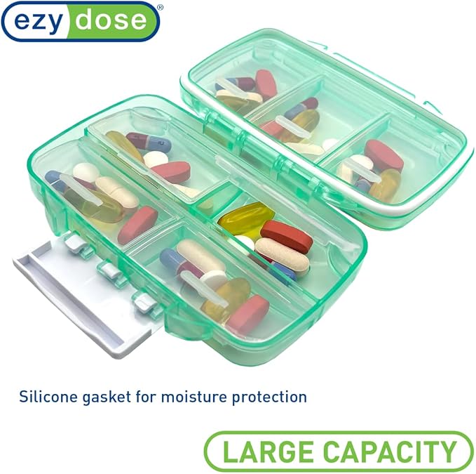Ezy Dose Moisture-Proof Travel Pill Case, 7 Compartments, Green, Medium | Moisture-Proof Pill Case, Medicine Planner, Vitamin Organizer Box, Travel-Friendly, Latch-Closure to Secure Contents