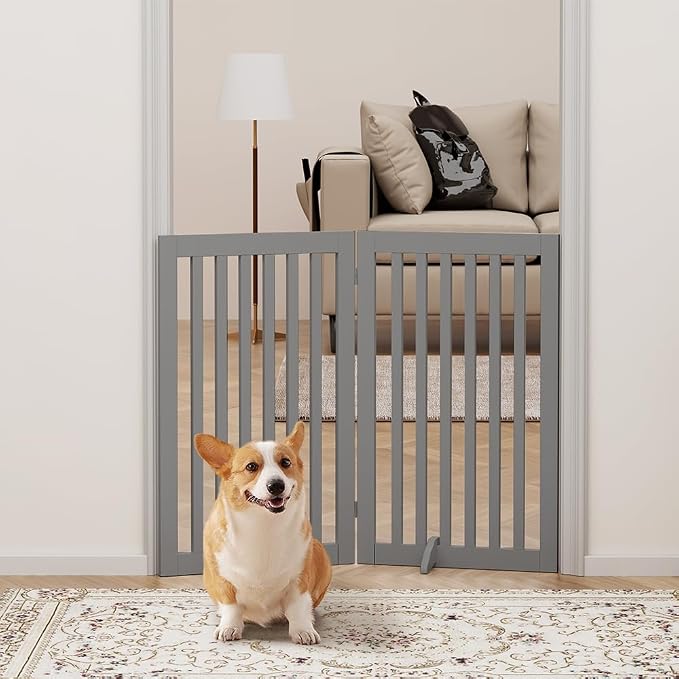 unipaws 36”H Free Standing Pet Gate for Dog Cat, 40”Wide Wooden Dog Gates | Foldable Pet Fence for Doorway, Stairs, Step, Expandable Doggy Barrier, Indoor Use