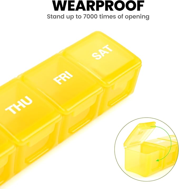 Sukuos Extra Large Daily Pill Organizer 7 Day, Easy to Open Weekly Pill Box Case, Portable Medicine Organizer with Clear Lid for Vitamins, Fish Oils or Supplements (Yellow)