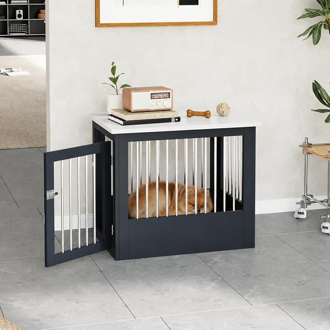 30" Wooden Dog Crate Furniture,Medium Kennel Pet Cage End Table for Indoor | for Small Medium Dogs, Grey and White, Fits Living Room Bedroom, Heavy Duty Steel Frame with Lock 45 lbs Cap, 100 lbs Top.