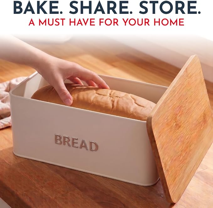 Bread Box for Kitchen Countertop, Homemade Bread - Bamboo Cutting Board Lid | Large Bread Box for Homemade Bread - Storage Bread Box with Cutting Board Lid