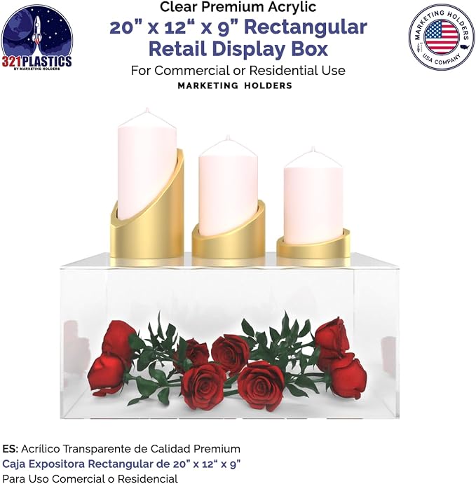 20" x 12" x 9" Clear Acrylic Display Box with One Open Side No Lid Versatile Rectangular One Piece Retail Product Riser or Merchandise Storage Bin by Marketing Holders