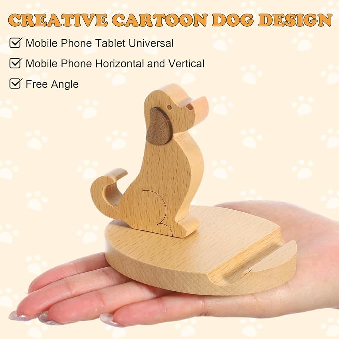 Didiseaon Wooden Dog Cell Phone Holder Cute Puppy Shape Smartphone Stand Tablet Dock Hands Free Mount Office Desk House Decor Accessory Chocolate Beech Wood Funny Creature Desktop Display 3.81 Inches