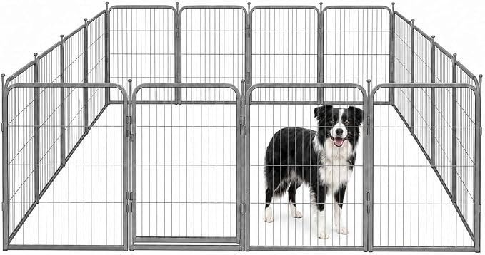 Dog Play Pen for Indoor Use - 32'', 16 Panels for Small and Medium Size Dogs - Portable Grey Playpen Kennel for House or Garage - Metal Heavy Duty Pet Fence with Anti-Slip Feet