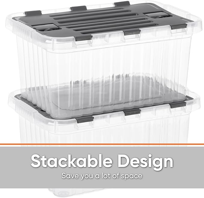 Superio Clear Storage Box with Lid, Plastic Container Bin for Organizing, Stackable Crate, BPA Free, Non Toxic, Odor Free, Organizers, 19 Quart (Bin with Hinged Lids, 17"x11.65"x8.75)