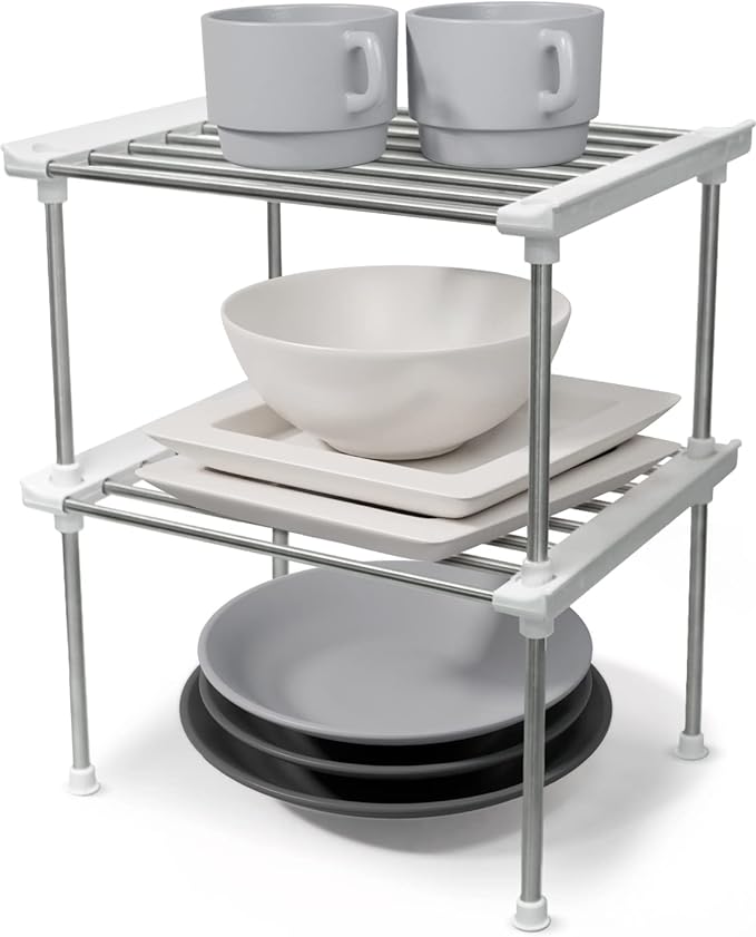 Set of 2 Stackable Cabinet Organizer Shelf 9.8 x 7.8 x 6.1 White | Kitchen Counter Shelves, Kitchen Cabinet Organizers and Storage, Pantry Storage Shelf Organizer