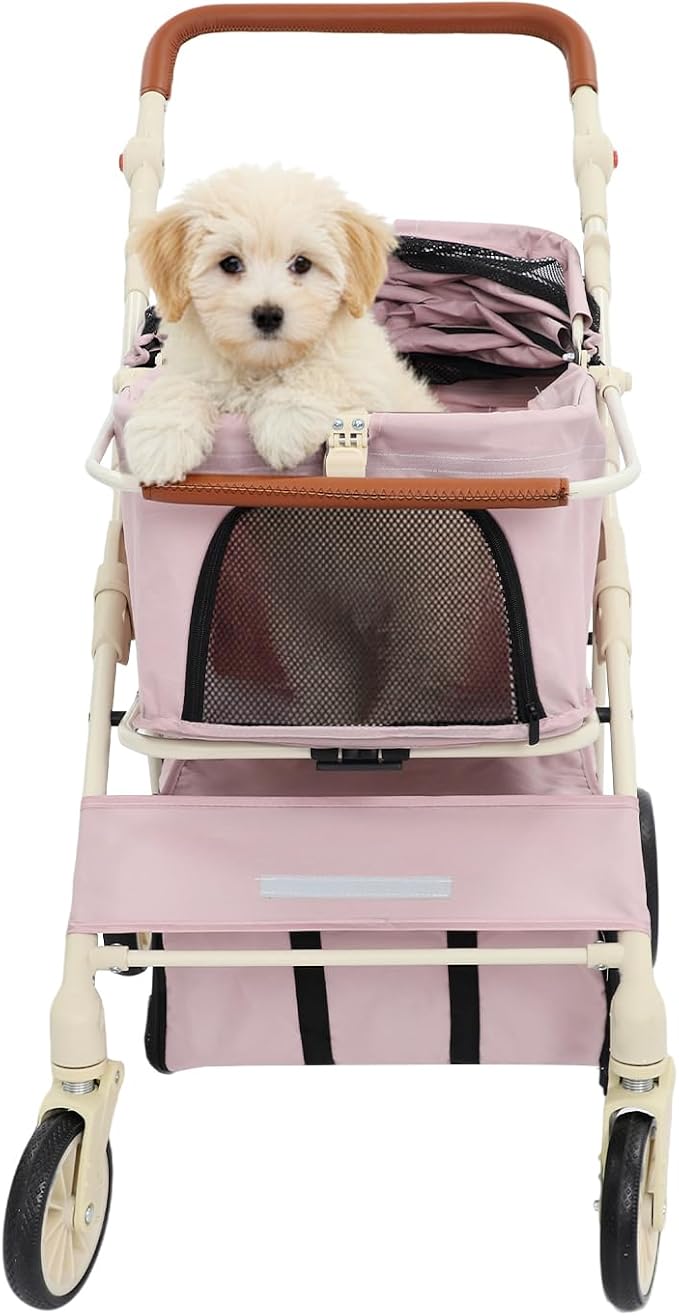 Foldable Double Tier Pet Cart, 360° Swivel Wheel Travel Carrier, Pink | Breathable Oxford Cloth Carbon Steel Frame, Brake Wheels & Pet Friendly Windows For Dog Cat Outdoor Walk Trip