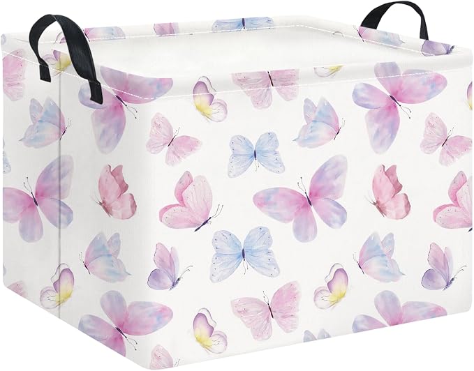 Rectangle Storage Basket with Handles,Collapsible Storage Bin,Books Box,Gift Basket(Pink Watercolor Butterfly)