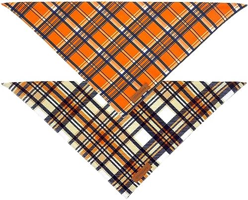 Realeaf Fall Dog Bandanas 2 Pack, Reversible Orange Plaid Holiday Pet Scarf for Boy and Girl, Premium Durable Fabric, Halloween Thanksgiving Bandana for Medium and Large Dogs (Large)