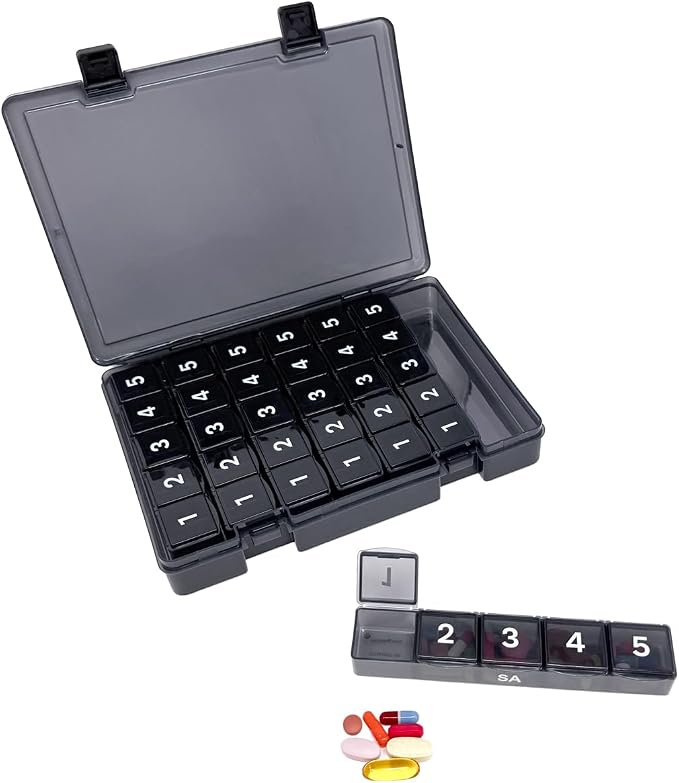 7-Day Weekly Pill Organizer with Secure Case, 5 Compartments Per Day, Removable Tray, Medication Schedule, Travel Pill Box-Complex Medication Routine (5 Time-a-Day - Black)
