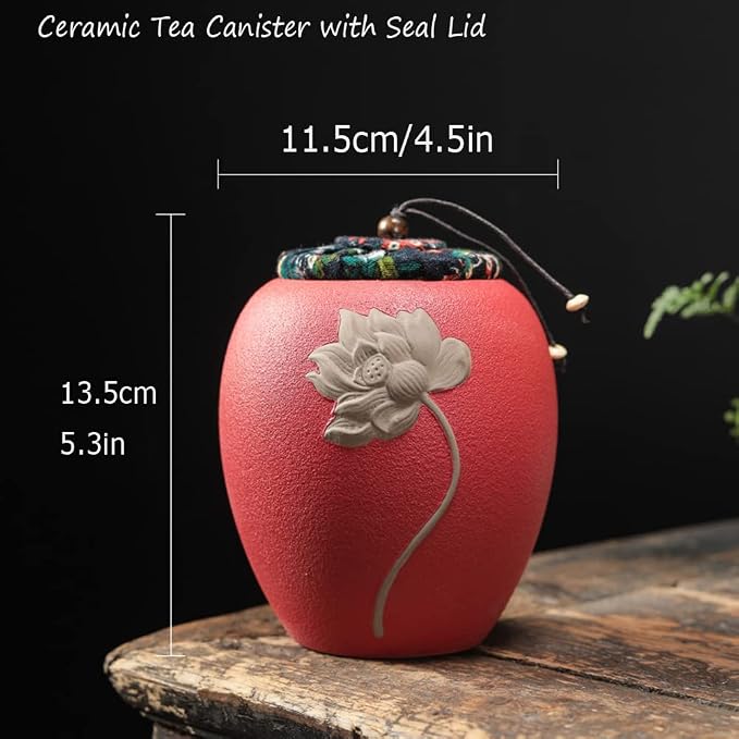 Ceramic Tea Canister,Tea Caddy with Airtight Lid,Tea Storage Jars,Portable Food Storage Containers Sealed Tea Tins Can for Loose Tea/Nuts/Sugar/Seed/Coffee,Red
