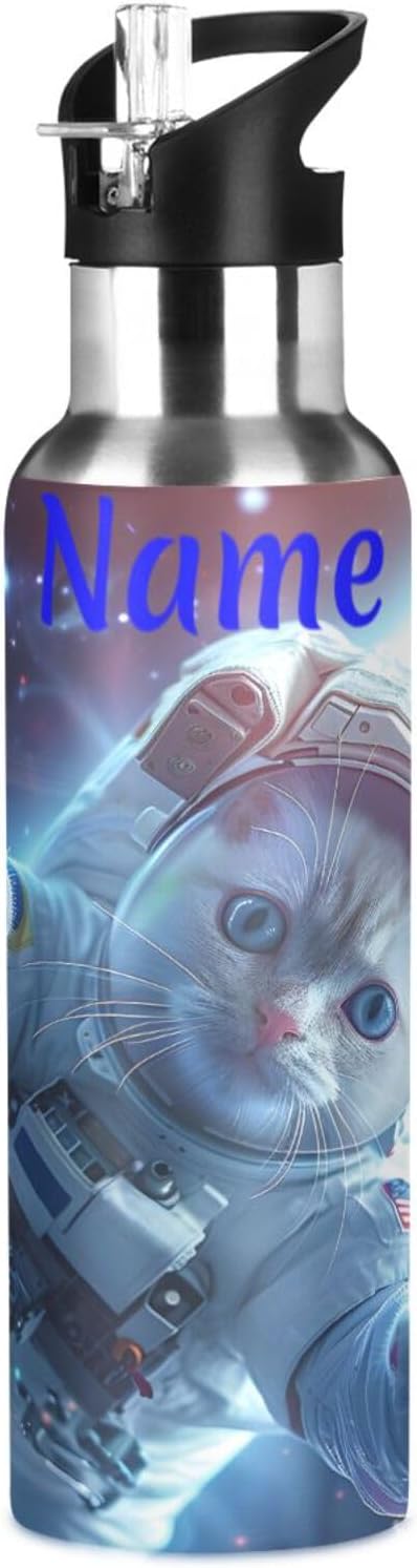 Custom Name Astronaut Cat in Space Water Bottle with Straw Lid Kids Insulated Stainless Steel Water Flask Sports, 20 Oz Hot Cold