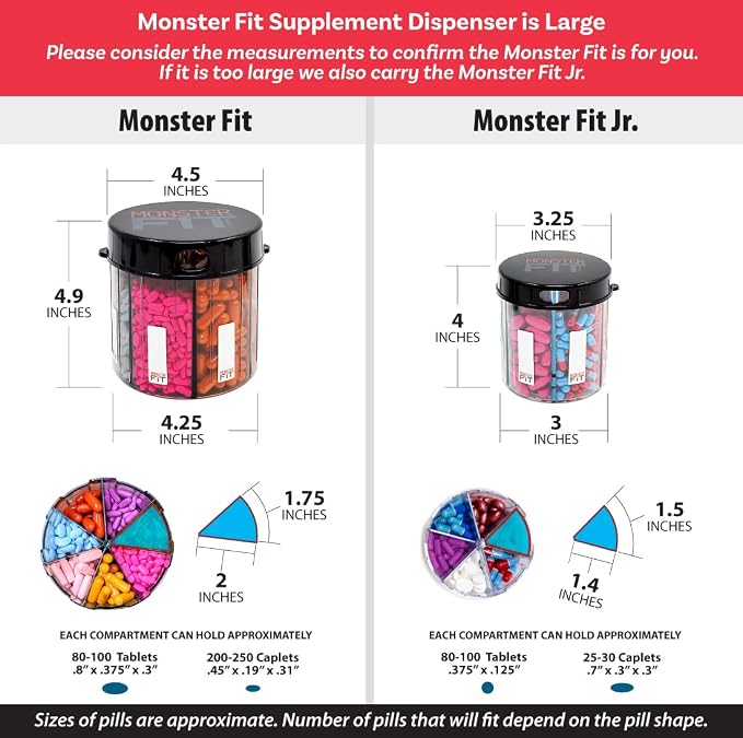 Supplement Pill Dispenser Bottle, 6 Compartment, Labels, Easy Open, Anti-Mixing, Monthly Vitamin Organizer, Monster Fit Jr Medication Holder (Clear, Small)