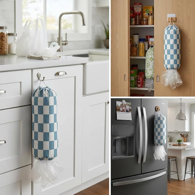 Plastic Bag Holder, Wall Mount Plastic Bag Organizer Dispenser Reusable Grocery Bag Organizer for Home Kitchen(Blue Checkered)