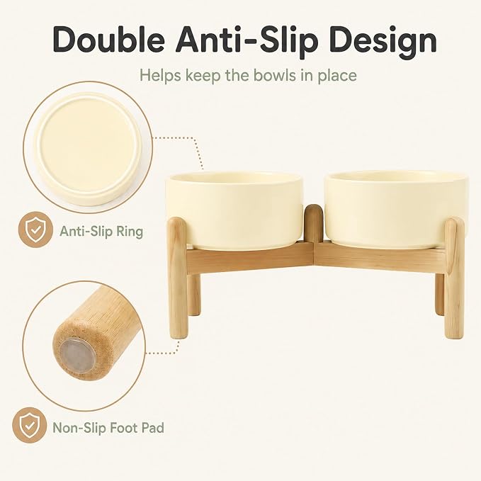 Havniva Ceramic Dog Bowls Elevated, Raised Dog Food Bowl for Small Dogs | 6.1” Elevated Dog Bowls, Non-Slip Wood Stand, Dog Food and Water Bowl Set, Dog Feeding Dish, Large Capacity Pet Water Bowl
