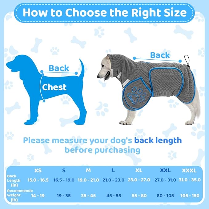SlowTon Dog Bathrobe Drying Coat – Super Absorbent Microfiber Towel Wrap with Adjustable Collar & Belly Strap, Fast Drying Bath Robe for After Bath Swim, for Large, Medium, Small Dogs (Grey XS)