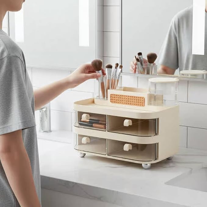 Cosmetic Organizer Makeup Storage Organizer Drawers Desktop Organizer Skincare Holder With Jewelry Tray PET Dust Resistant Cover suitable for vanity bedroom dresser office desk