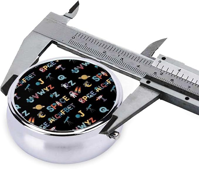 Travel Pill Case, Round Metal Organizer, Small Dispenser for Supplements, Pocket Purse Holder for Outdoor Adventures, Space Solar System Galaxy Science Rocket Planet Astronaut English Alphabet