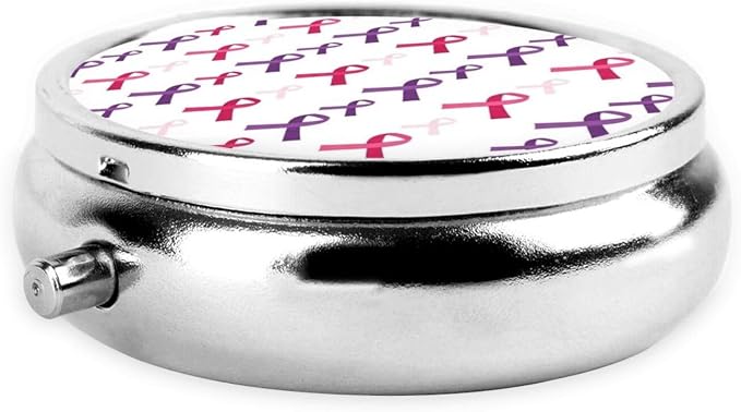 Travel Pill Dispenser, Round Small Organizer, Metal Case for Medicine, Pocket Purse Container for Camping Trips, Breast Cancer Awareness Pink Ribbons