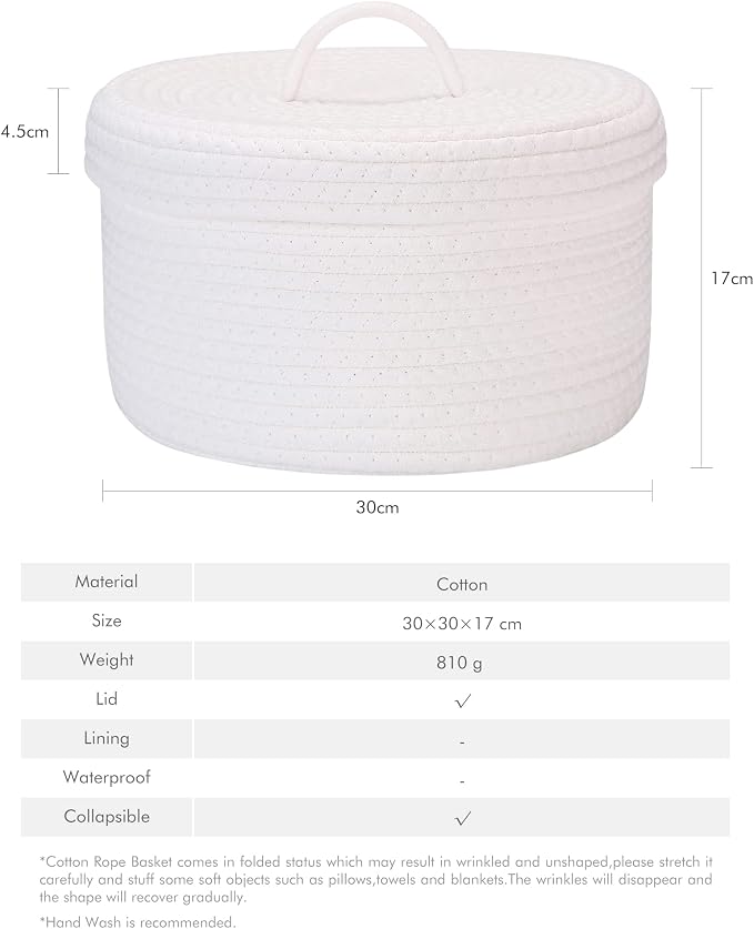 Sea Team Round Storage Basket, Woven Cotton Rope Basket with Lid, White | Decorative Knitted Storage Bin, Multi-Purpose Lidded Organizer for Closet Shelves, Nursery and Household Storage