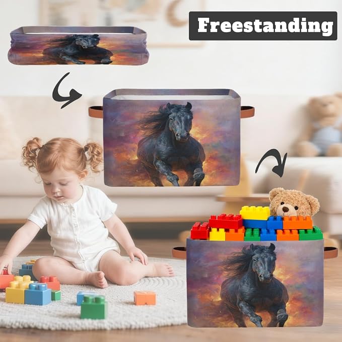 Pardick Storage Baskets Bin, Flame Animals Horse Collapsible Canvas Fabric Storage Bin Decorative Baskets Toy Organizer Rectangle Storage Boxes with handles for Home Shelves Nursery,Q-13