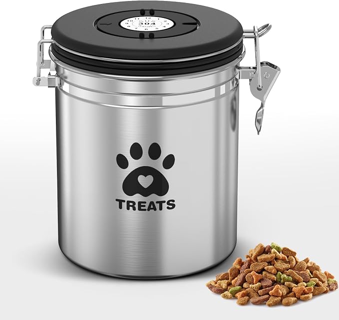 ENONCI Airtight Dog Treat Canister, 304 Stainless Steel Food Storage Jar with Date Dial Silver-1.5L