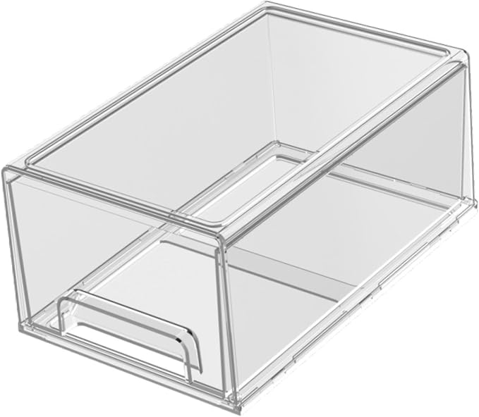 Stackable Storage Drawer Clear Organizer Box Bin Case with Dustproof Front Pull Drawer and PET Construction Suitable for Makeup Counter, L