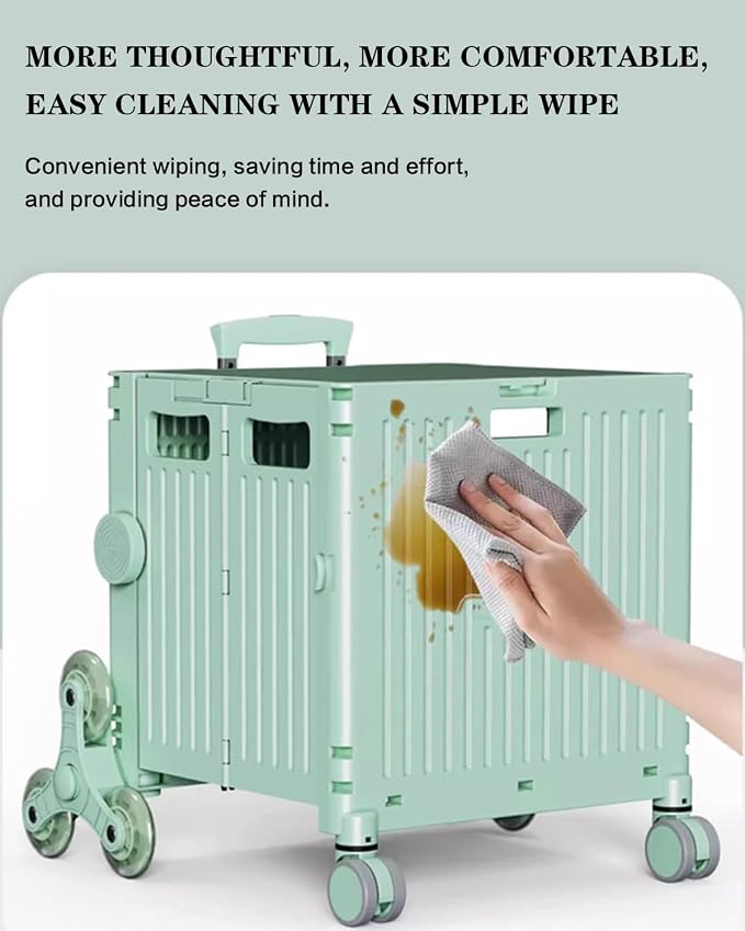 Collapsible Wheeled Crate with Lid,Folding Utility Cart Portable Rolling Crate Handcart,asket on 4 Rotate Wheels,Can Climb Stairs,Heavy Loads and Easy Storage Green 40x43.5x101cm