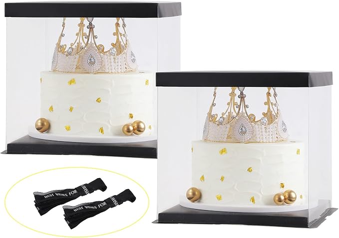 XININSUN 2Pcs Large Cake PET Clear Box, 10" X 10" X 9" with ribbon and pre-folded lid, for 8" cake packing carry, baking cookie display, Carry Tall Layer Gift, Festive Gift Box -Black | pre-folded lid, for 8" cake carrier, Carry Tall Layer Gift, Festiv...