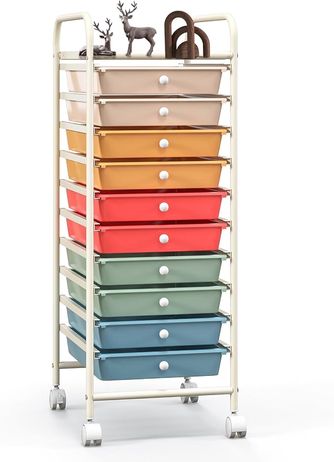 10 Drawer Rolling Storage Cart, Organization Cart with Drawers for Craft Makeup Paper Tool Art Supply, Versatile Utility Cart on Wheels for Home Office Classroom School (Macaron Multicolor)