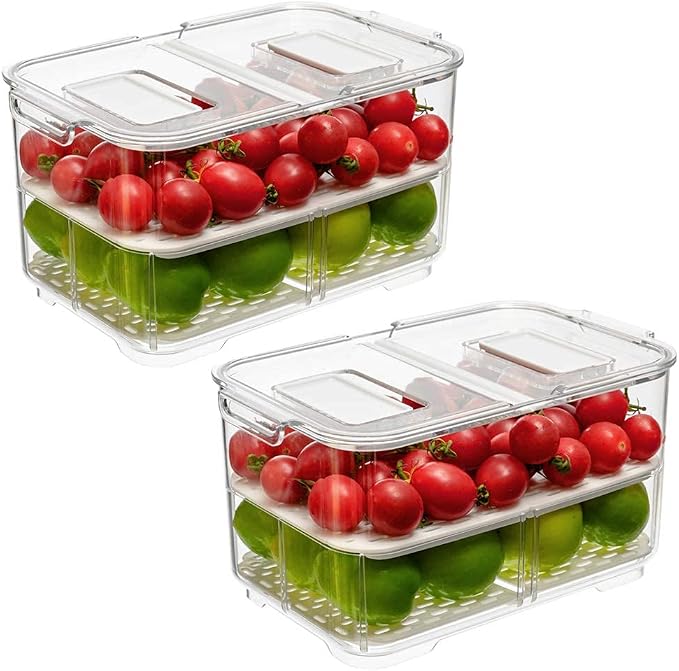 SANNO Fridge Food Storage Container Storage Containers, Produce Saver with Lids and Vents,Vegetable Fruit Storage Containers Stackable Salad Lettuce Keeper for Refrigerator，set of 2