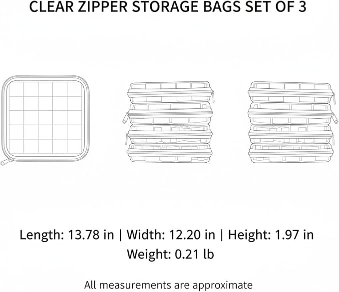 3-Pack Clear PET Zipper Storage Bags, White Organizer Pouches for Closet, Drawer & Under-Bed Use, Durable Transparent Containers (Small, Medium, Large)