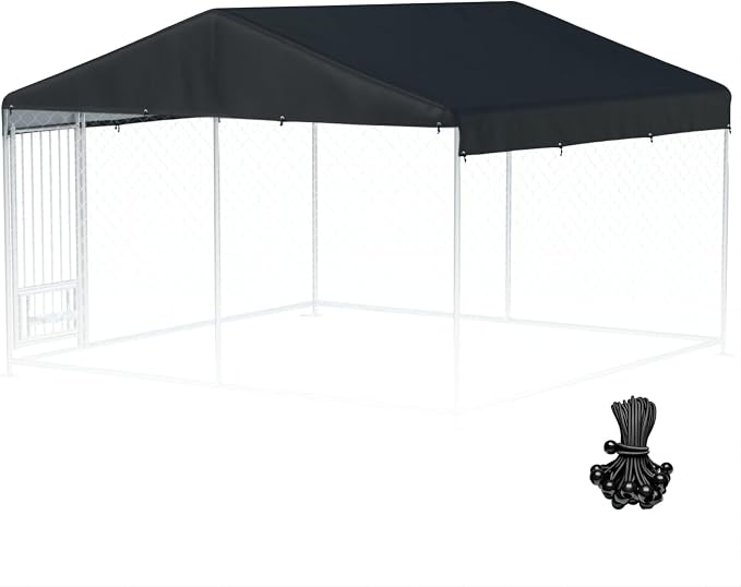 Dog Kennel Cover 10x10ft Outdoor Kennel Replacement Top Cover Black | 600D OXford Cloth Waterproof UV Resistant Outdoor Pet Kennel Replacement Cover with Elastic Cords Excluding Dog Enclosure