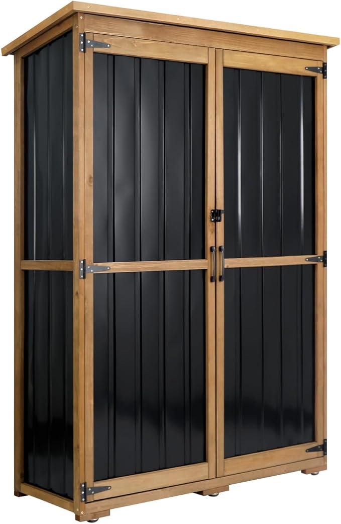 Ketive Outdoor Storage Cabinet, Wood & Metal Storage Shed with Weather-Resistant Roof, Double Lockable Doors, Removable Shelves & Adjustable Feet, for Patio, Backyard, Poolside, 46" x 18" x 68"