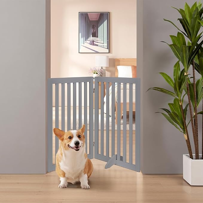 unipaws 36”H Free Standing Pet Gate for Dog Cat, 40”Wide Wooden Dog Gates | Foldable Pet Fence for Doorway, Stairs, Step, Expandable Doggy Barrier, Indoor Use