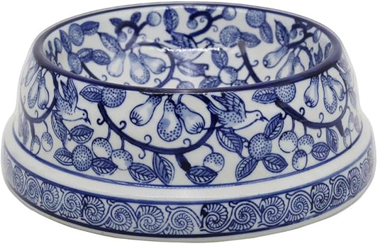 Aimusego Blue and White Vintage Ceramic Dog Bowl for Pet Owners, Anti-Skid Base Medium Large Water and Food Pet Cat Dish-9inch