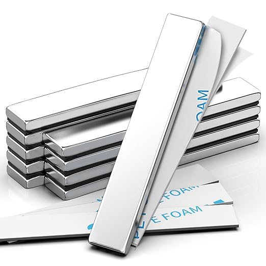 Rare Earth Neodymium Magnets with Double Sided Adhesive, 60x10x3 mm,10 Pcs | Heavy Duty Strong Magnets, Rectangular Bar Magnets Strip for Fridge Kitchen Garage Office Science Craft, Silver