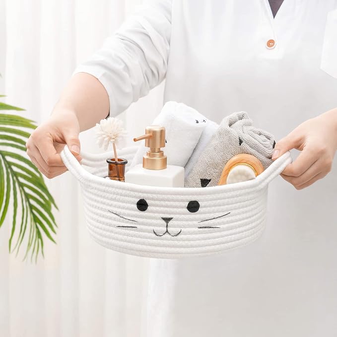 Small Woven Rope Cat Toy Basket with Cat Face Design, White | 9.8" x 4" Cute Toy Storage Bin for Living Room & Nursery, Pet Gift Basket Empty with Sturdy Handles