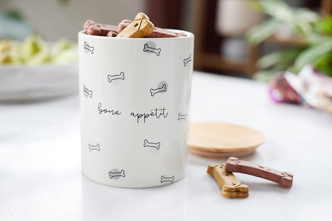 Pearhead Bone Appétit Ceramic Dog Treat Jar with Airtight Wooden Lid – Cute & Stylish Pet Treat Canister Keeps Dog Snacks Fresh – Durable, Easy-to-Clean Design, Kitchen Counter Décor, 4 Cup / 32 oz