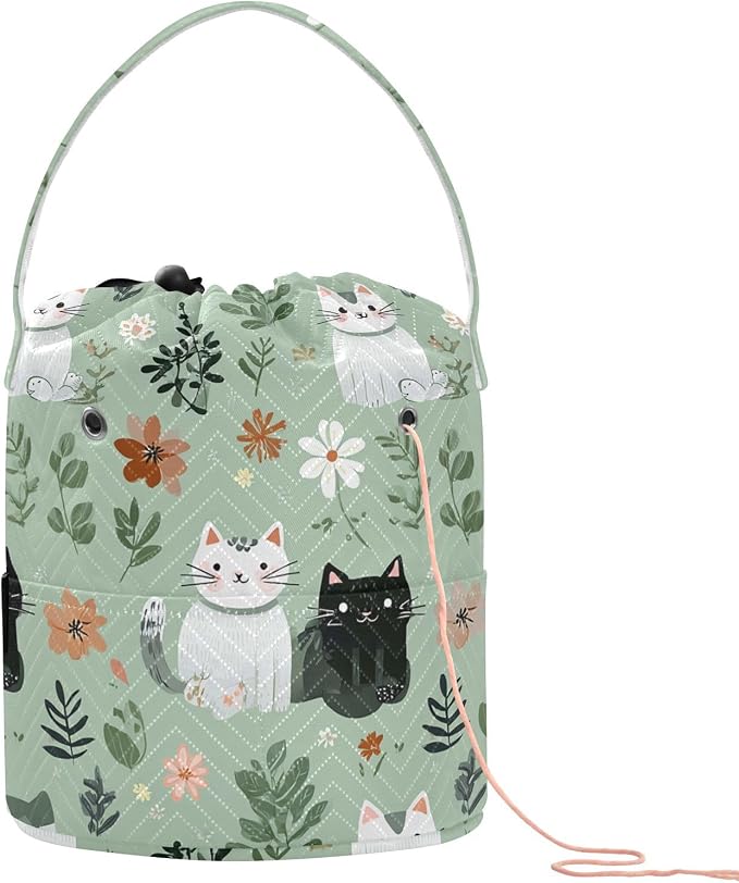Tatenale Crochet Bag Yarn Bag Knitting Project Bag with Pockets and Handle Portable Yarn Storage Organizer Tangle Free 8.3x11 InchMint Green Floral and Cute Cats02