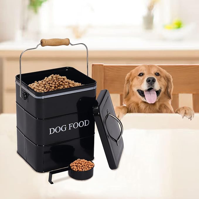 Morezi Dog Food Treat Storage Container with Lid Scoop Included - Perfect Farmhouse Dog Food Bin for Kitchen Countertop, Shelf, Decoration Home - 5 lbs Capacity - Black