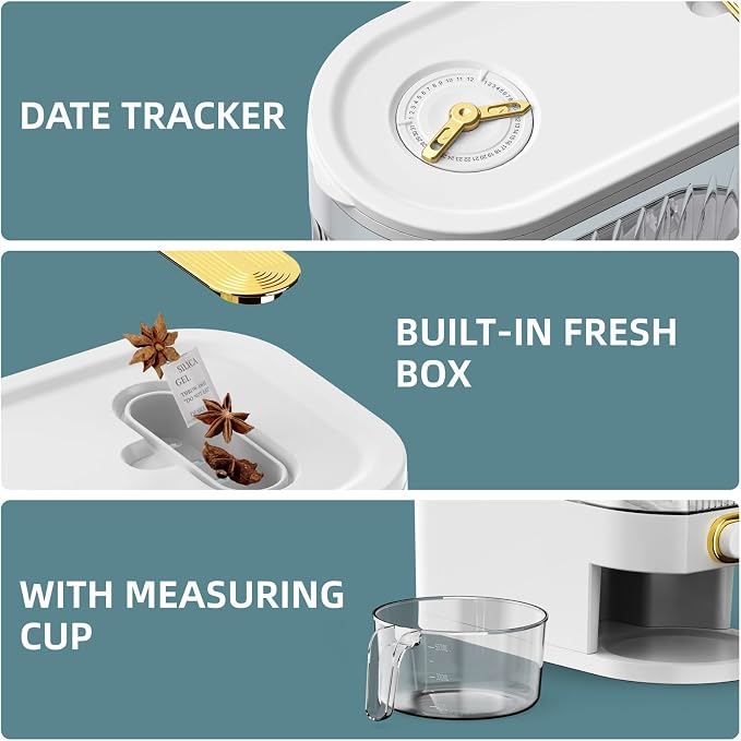 Rice Dispenser, 11Lbs-12Lbs Rice Container with Measuring Cup, Upgraded Lid Time Dials & Built-in Fresh Box Rice Container Storage for Home Kitchen Pantry Stores Rice - White Capacity 11Lbs-12Lbs