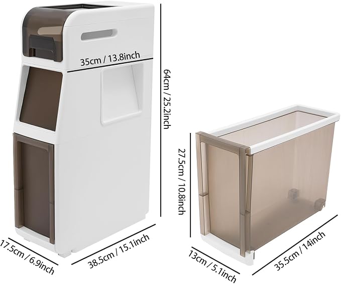 Slim Bathroom Storage Cabinet with Trash Can, Narrow Movable Waterproof Bathroom Floor Cabinet with Toilet Paper Holder for Bathrooms Toilet (15.1 * 6.9 * 25.2in)