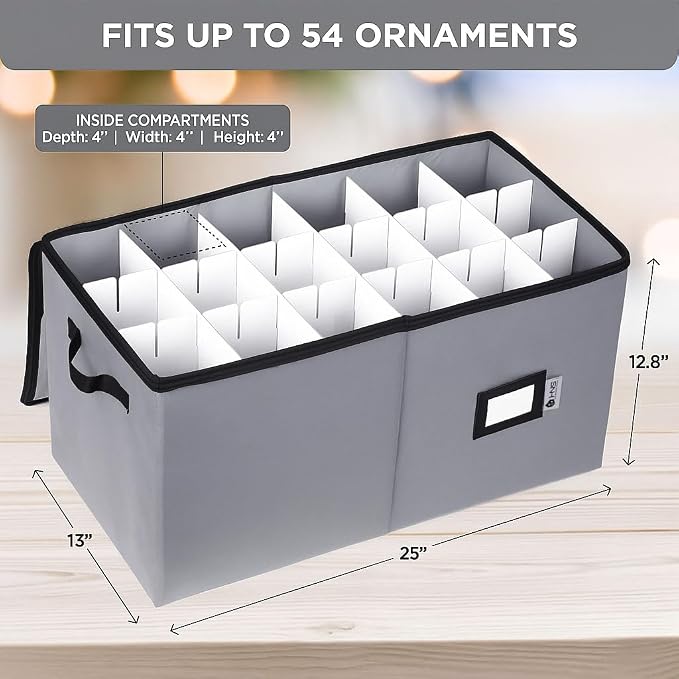 Christmas Ornament Storage Container with Dividers - Box Stores Up to 54 Ornaments, Zippered, Convenient, Adjustable, Large Organizer Bin to Protect Holiday Décor, Fits Most Standard Size, Grey