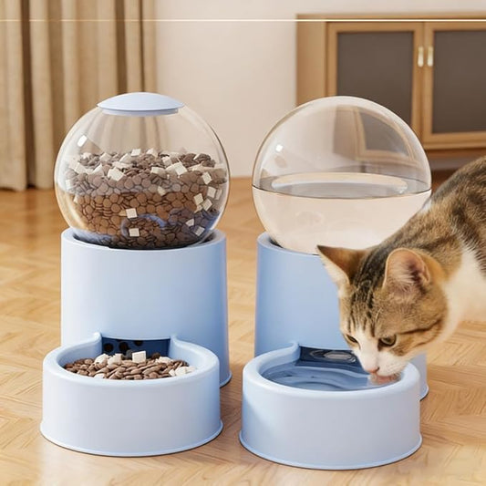 Automatic Cat Feeder and Water Dispenser Gravity Food Feeder and Water Set, Pack of 2, Cat Food Dispenser and Gravity Water Fountain for Cats Small Dogs Puppies Kittens Pets (Blue A)