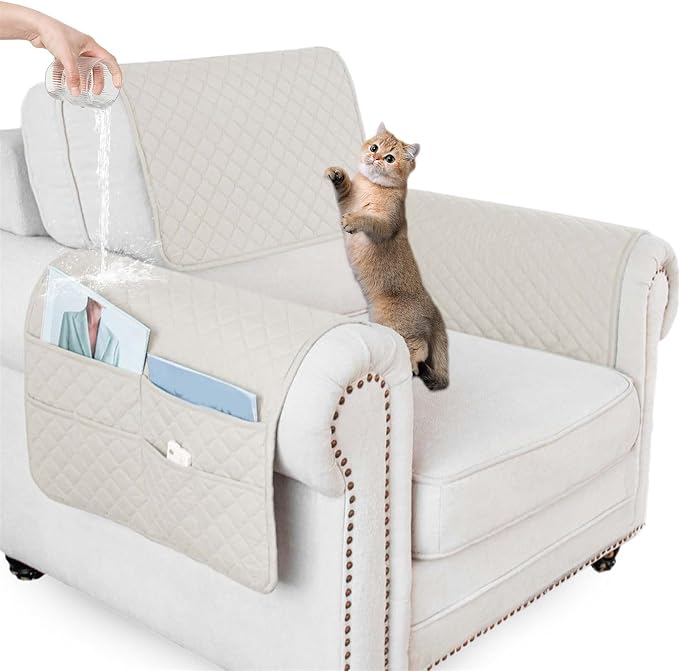 Large Polyester Armrest and Headrest Covers with 2 Pockets | Soft, smooth polyester resists daily wear nonslip silicone backing helps shield recliners and sofas from pet scratches