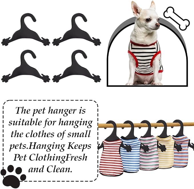 AHANDMAKER 20 Packs Pet Apparel Hangers, 7 Inch Wide Black Dog Clothes Hangers Cute Plastic Flexible Strong Paw Print Coat Hanger with Non-Slip Clips for Puppy Pet XS Small Dog Cat Puppy Pet Toddler