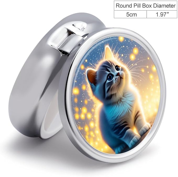 Cute Pet Scene Metal Round Pill Box, 3 Compartment Travel Organizer, Portable Pill Container with Secure Latch, 2 Inch Circular Vitamin Caddy for Pills and Vitamins, Gift for Him Her Elderly