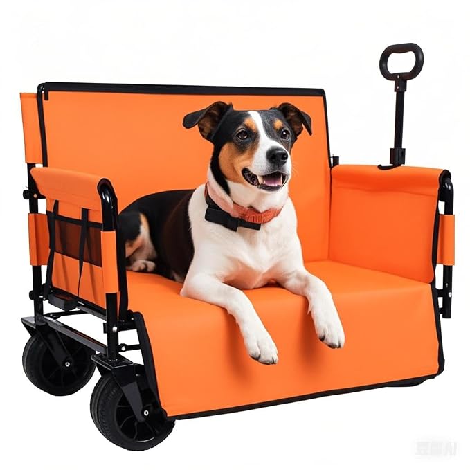 3-in-1 Pet Wagon Stroller with Bench Seat & Storage – Portable Travel Carrier for Dogs & Cats, 500Lbs Heavy-Duty Foldable Cart with All-Terrain Wheels for Camping, Park & Outdoor Use (Orange)