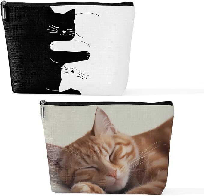 2 Pcs Cute Cat Makeup Bag, Cat Themed Cosmetic Bags Travel Organizer Bag | Sister Birthday Christmas Gift Makeup Pouch for Women Mom Friend, Cat Lover Gifts for Women